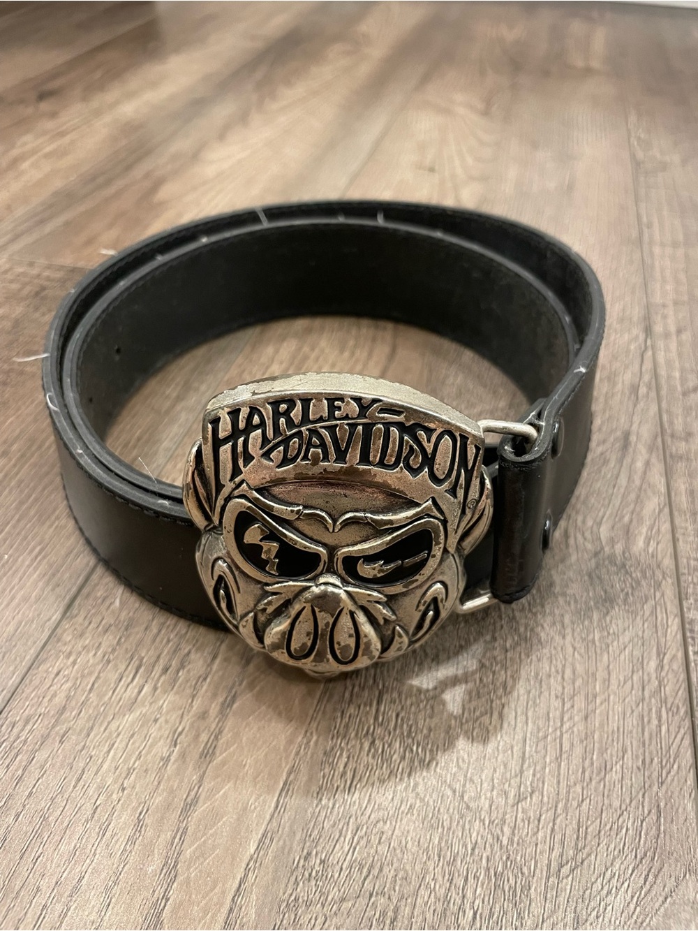 Harley-Davidson Black Leather Belt with Silver Skull Logo Buckle